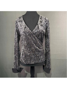 Joseph Ribkoff Blouse Women's M Velvet Sequin Wrap Evening Stretch Glam Black